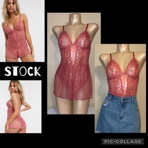 DKNY women’s large lingerie bodysuit romper pajamas lace sexy pink intimate